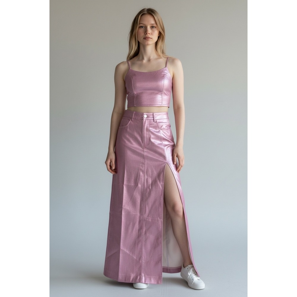 Dulce & Candy Pink Metallic 2 Piece Set Crop Top & Maxi Skirt High Slit Size S/M